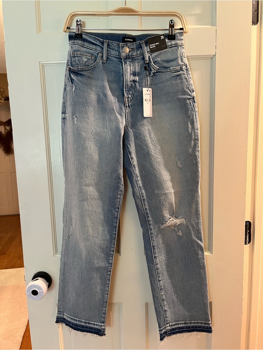 Express Women's Light Blue Straight-Leg Jeans with Distressed Knee